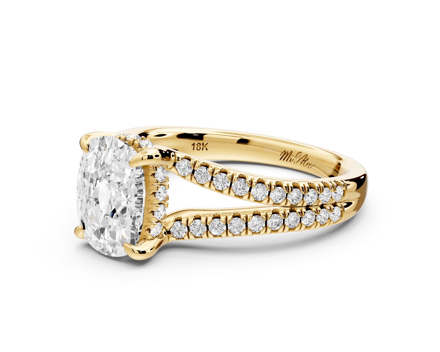 Liora - 2ct 14k yellow gold ecushion Hidden Halo Micro Pavé Split Shank Engagement Ring - Mr. Alex Jewelry