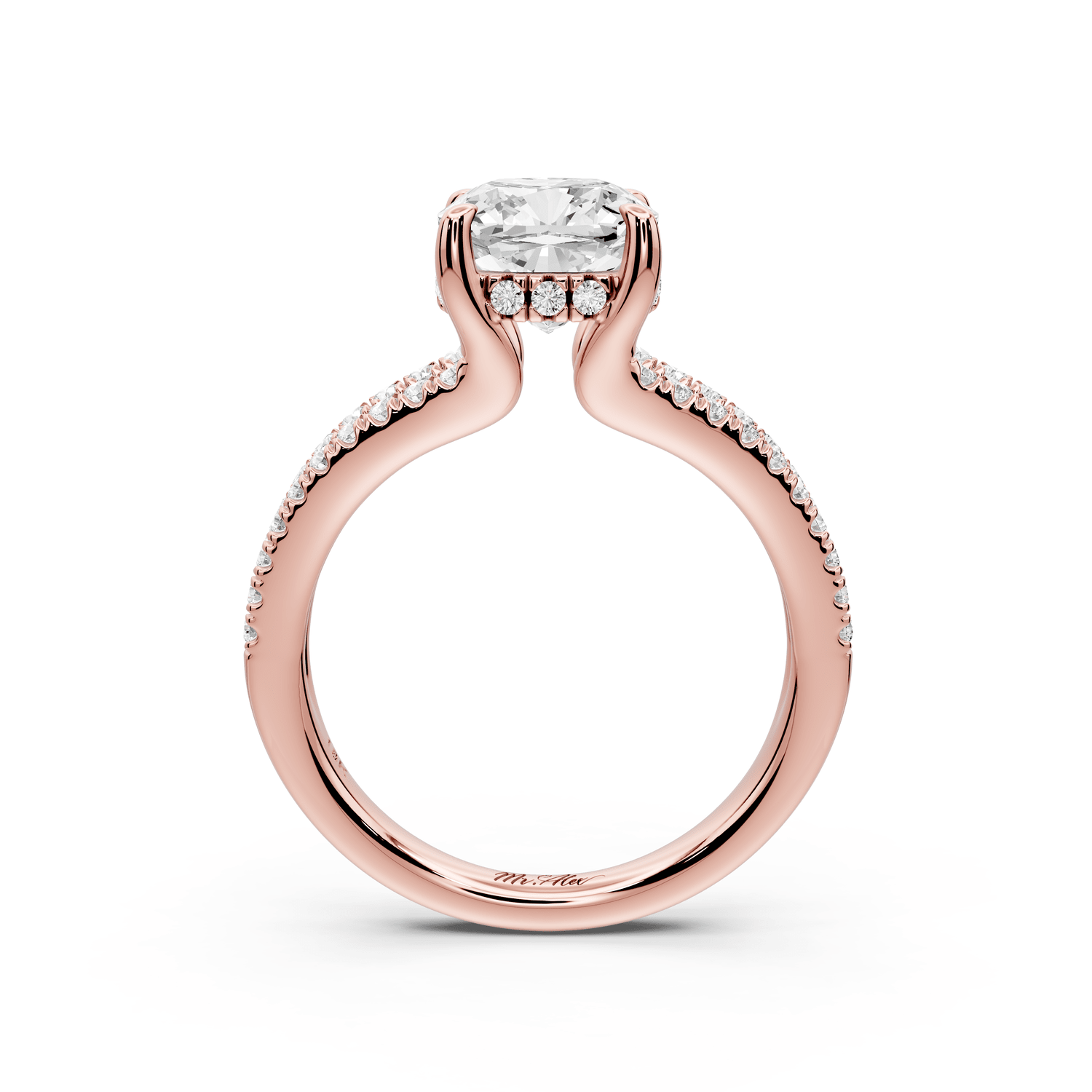 Liora - 2ct 18k rose gold cushion Hidden Halo Micro Pavé Split Shank Engagement Ring - Mr. Alex Jewelry