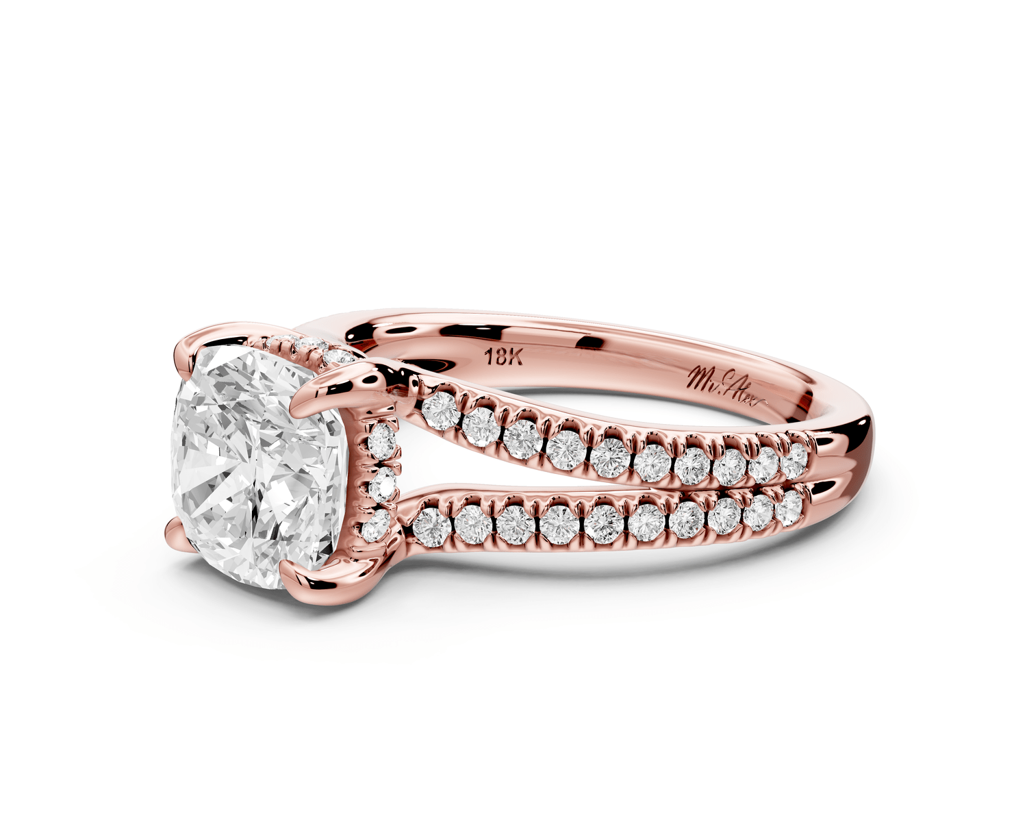 Liora - 2ct 18k rose gold cushion Hidden Halo Micro Pavé Split Shank Engagement Ring - Mr. Alex Jewelry