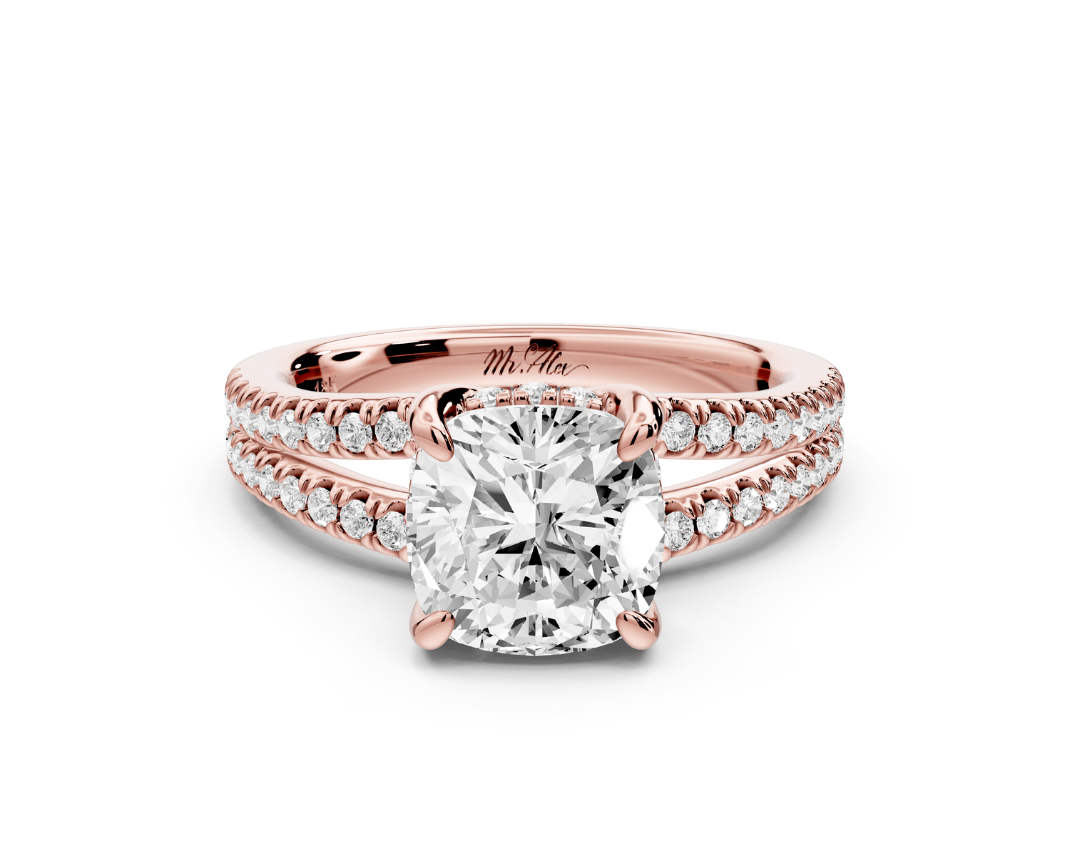 Liora - 2ct 18k rose gold cushion Hidden Halo Micro Pavé Split Shank Engagement Ring - Mr. Alex Jewelry
