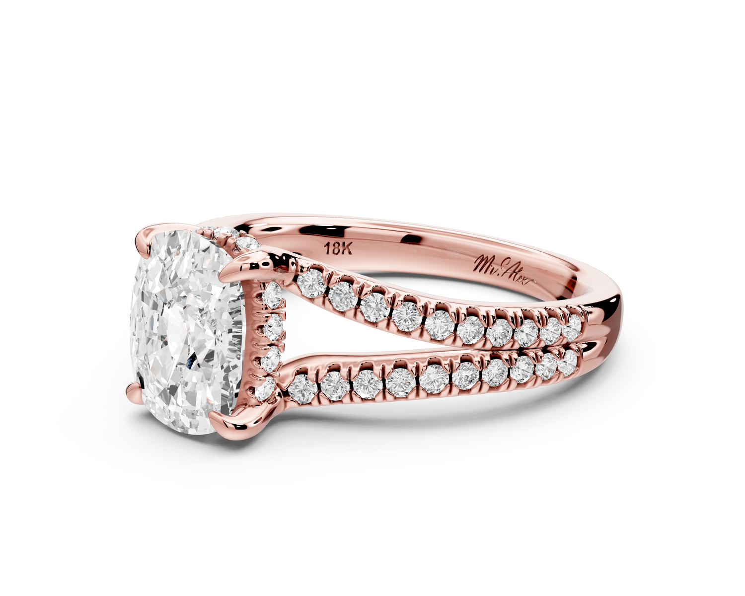 Liora - 2ct 18k rose gold ecushion Hidden Halo Micro Pavé Split Shank Engagement Ring - Mr. Alex Jewelry