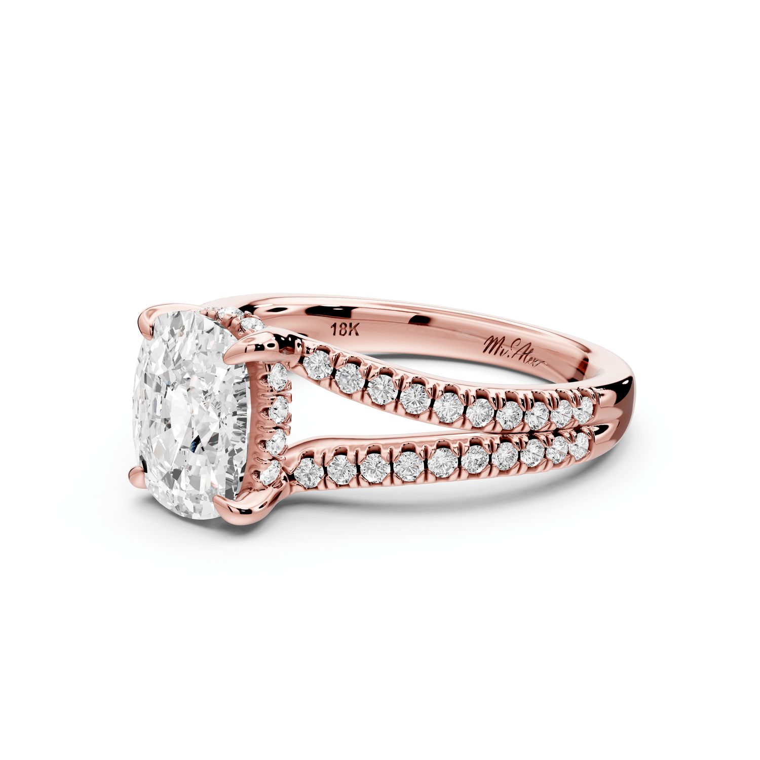 Liora - 2ct 18k rose gold ecushion Hidden Halo Micro Pavé Split Shank Engagement Ring - Mr. Alex Jewelry