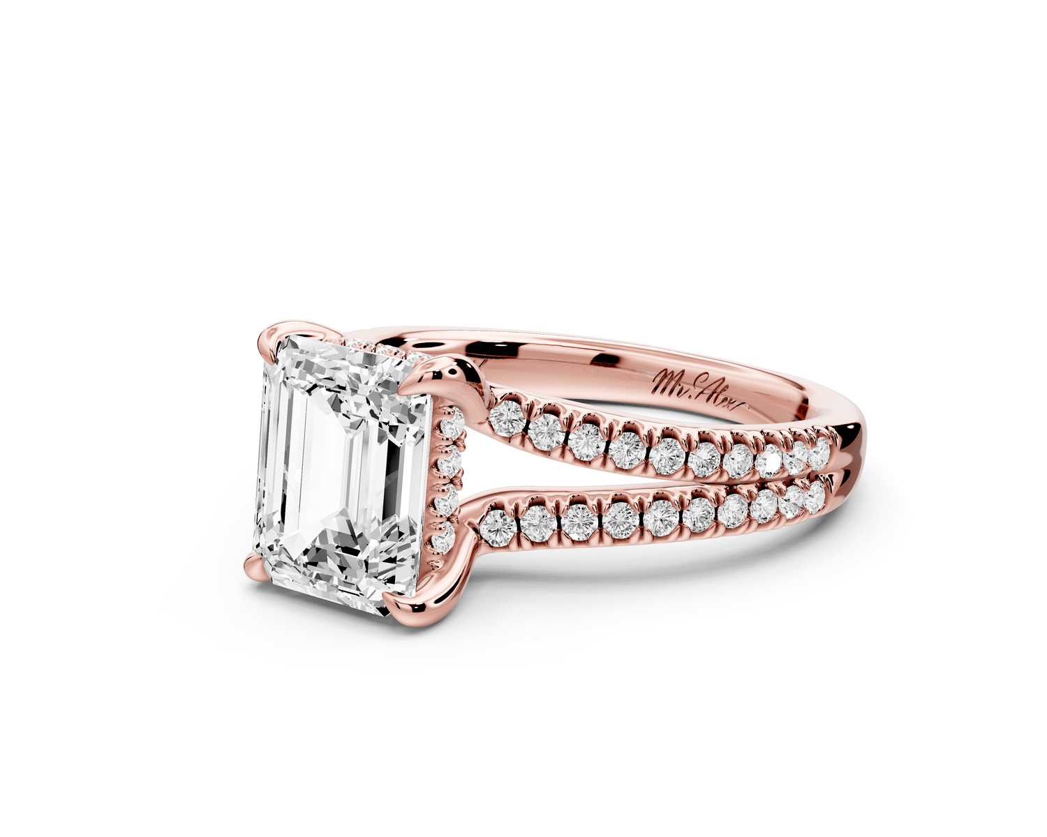 Liora - 2ct 18k rose gold emerald Hidden Halo Micro Pavé Split Shank Engagement Ring - Mr. Alex Jewelry
