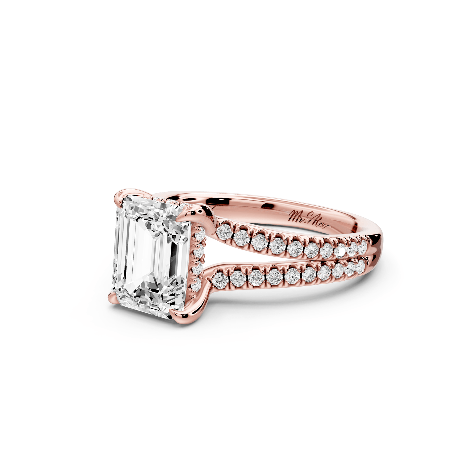Liora - 2ct 18k rose gold emerald Hidden Halo Micro Pavé Split Shank Engagement Ring - Mr. Alex Jewelry