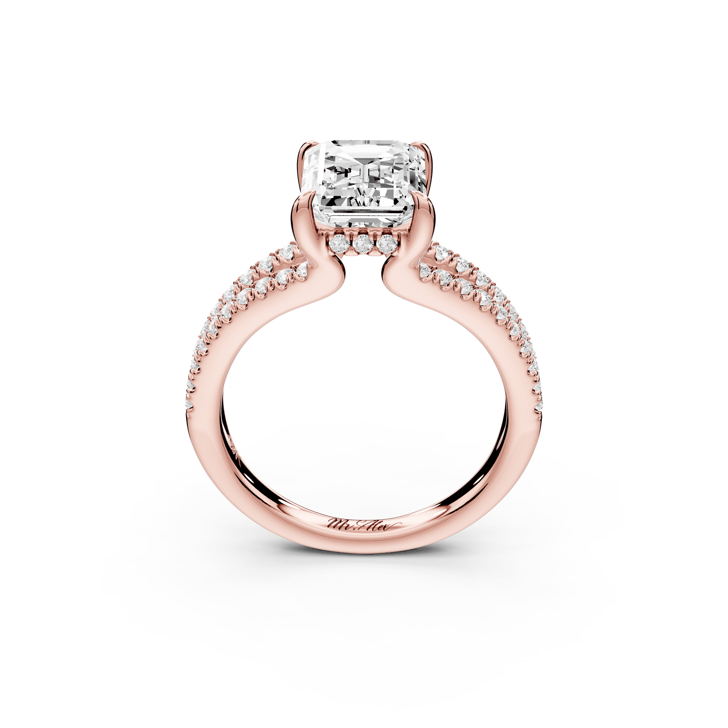 Liora - 2ct 18k rose gold emerald Hidden Halo Micro Pavé Split Shank Engagement Ring - Mr. Alex Jewelry
