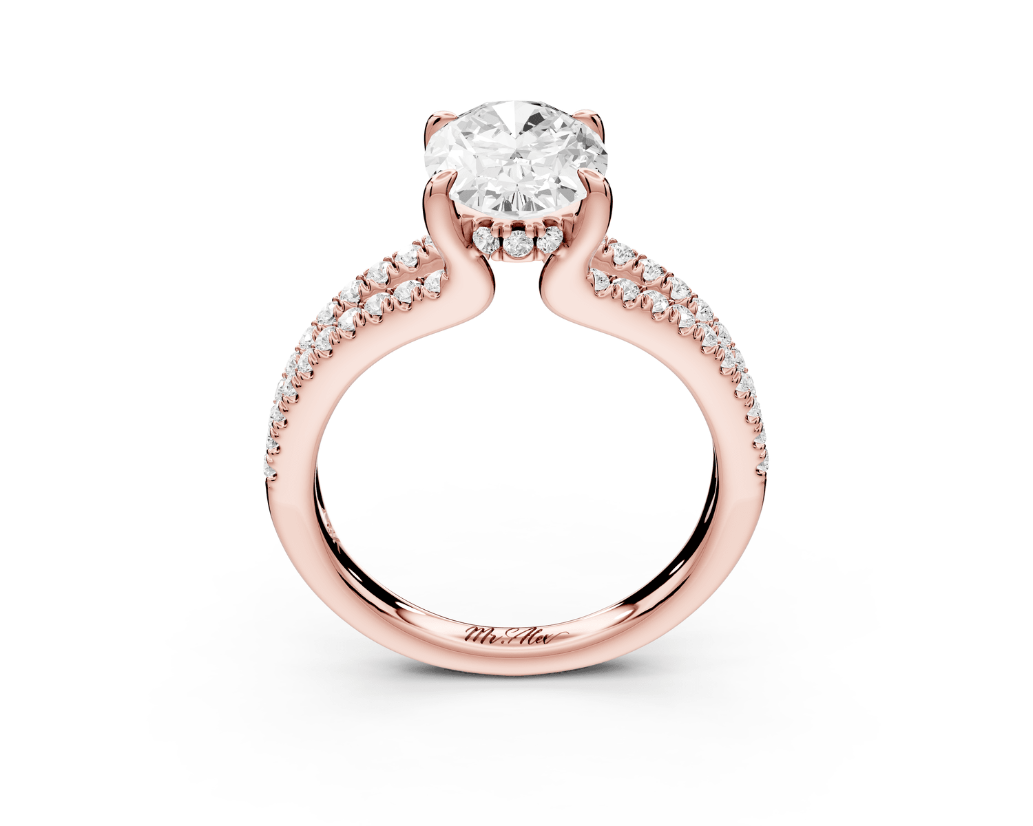 Liora - 2ct 18k rose gold oval Hidden Halo Micro Pavé Split Shank Engagement Ring - Mr. Alex Jewelry