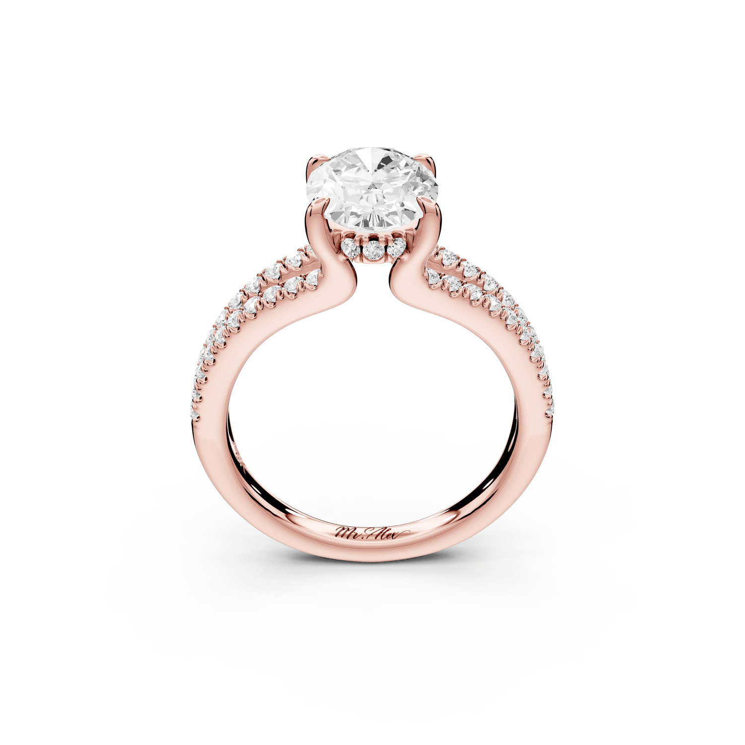 Liora - 2ct 18k rose gold oval Hidden Halo Micro Pavé Split Shank Engagement Ring - Mr. Alex Jewelry