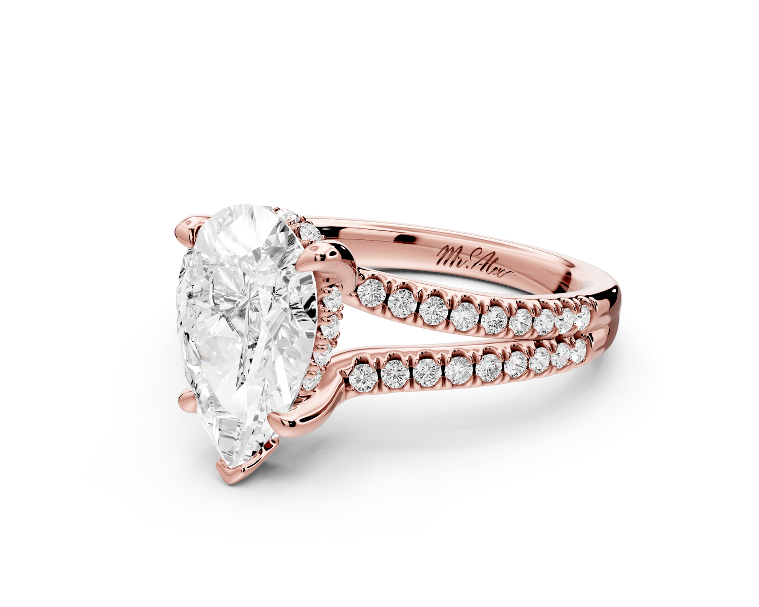 Liora - 2ct 18k rose gold pear Hidden Halo Micro Pavé Split Shank Engagement Ring - Mr. Alex Jewelry