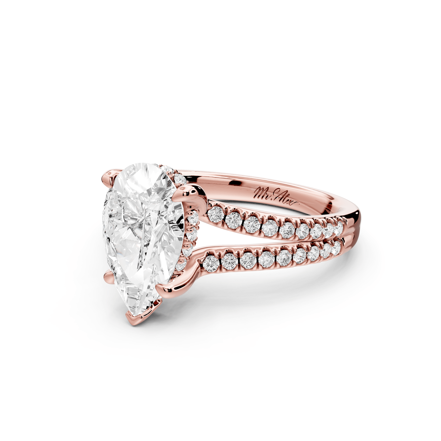 Liora - 2ct 18k rose gold pear Hidden Halo Micro Pavé Split Shank Engagement Ring - Mr. Alex Jewelry