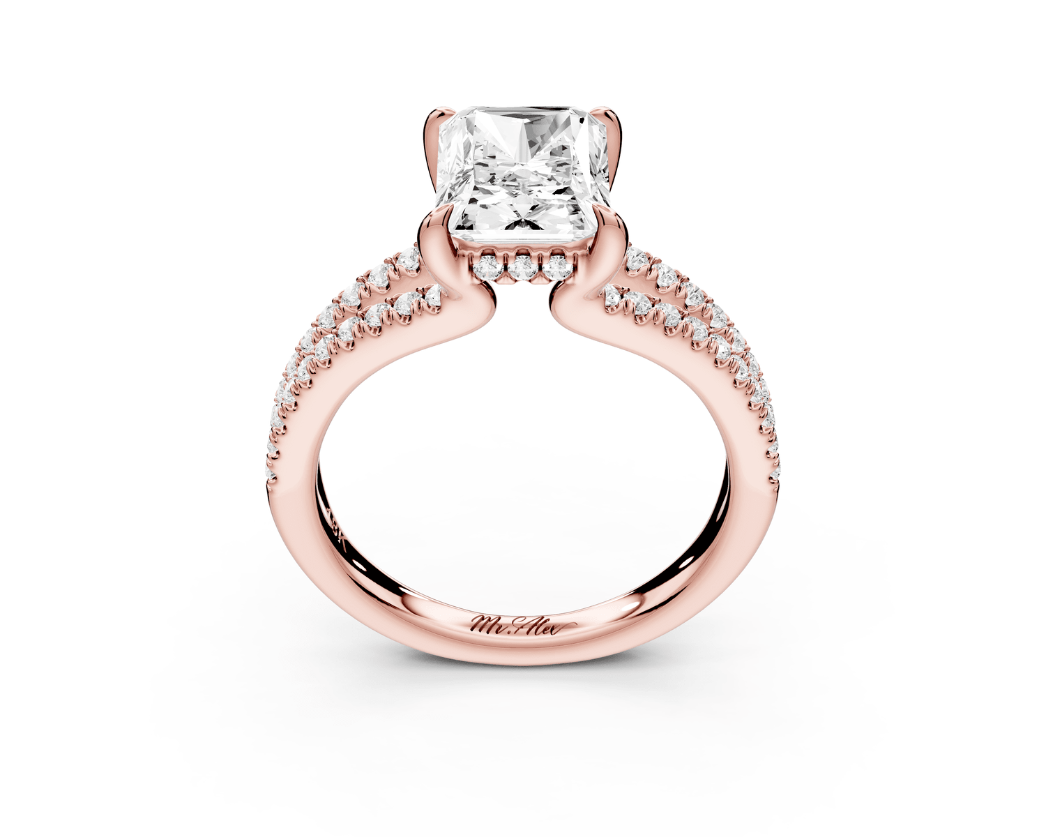 Liora - 2ct 18k rose gold radiant Hidden Halo Micro Pavé Split Shank Engagement Ring - Mr. Alex Jewelry