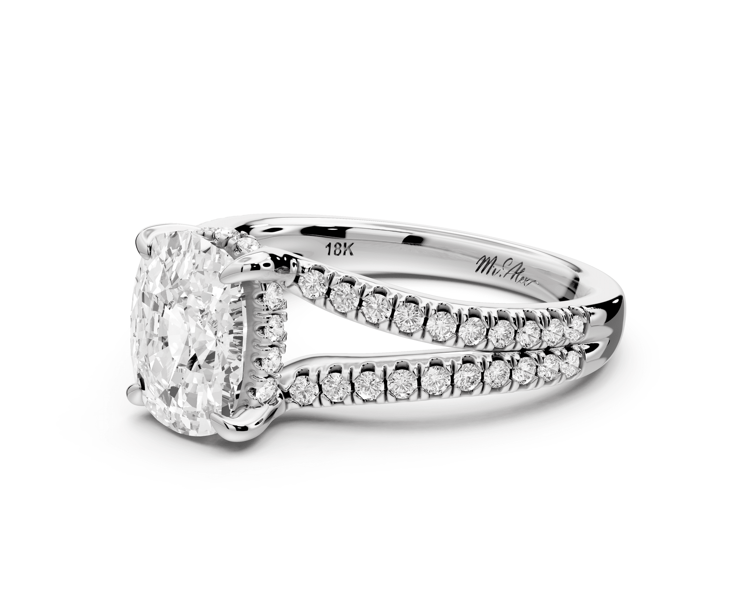 Liora - 2ct 18k white gold ecushion Hidden Halo Micro Pavé Split Shank Engagement Ring - Mr. Alex Jewelry