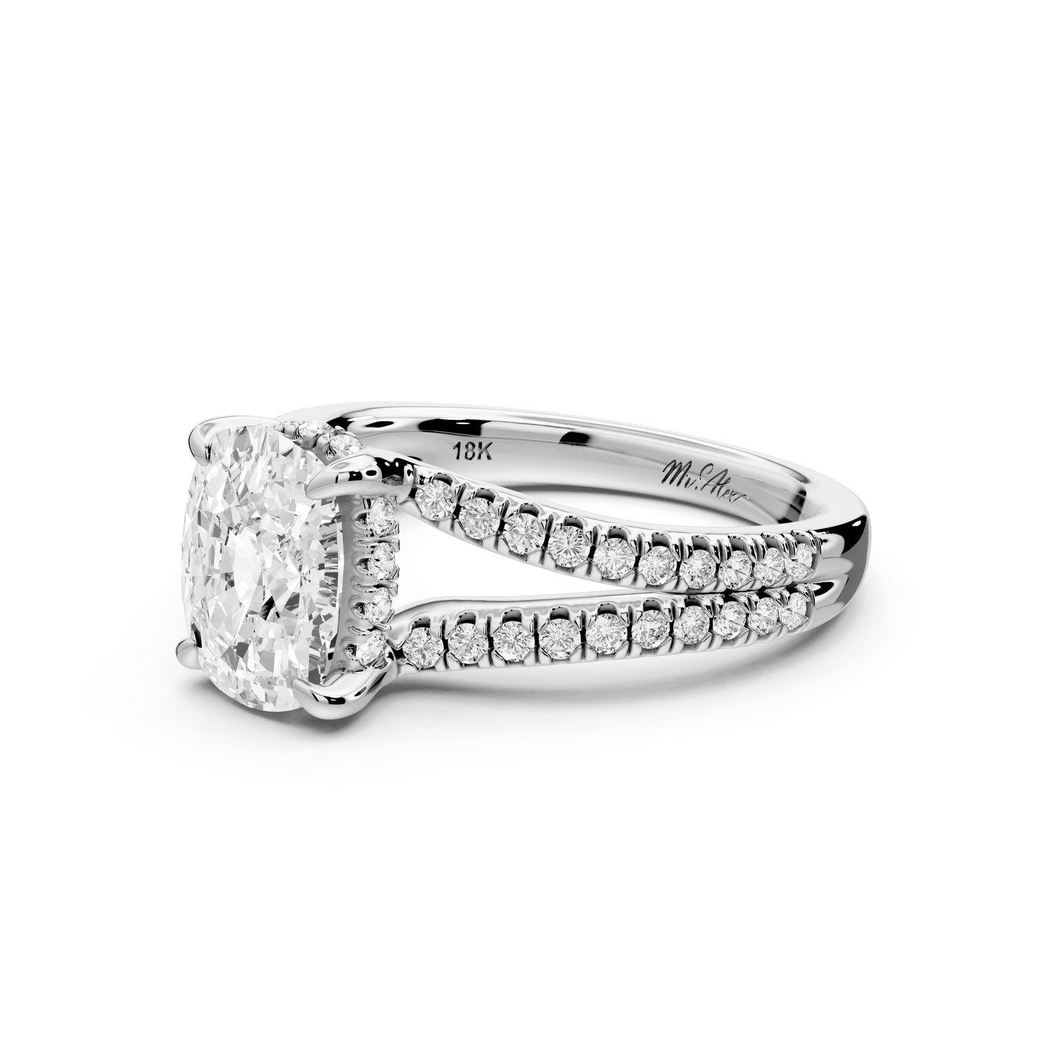 Liora - 2ct 18k white gold ecushion Hidden Halo Micro Pavé Split Shank Engagement Ring - Mr. Alex Jewelry