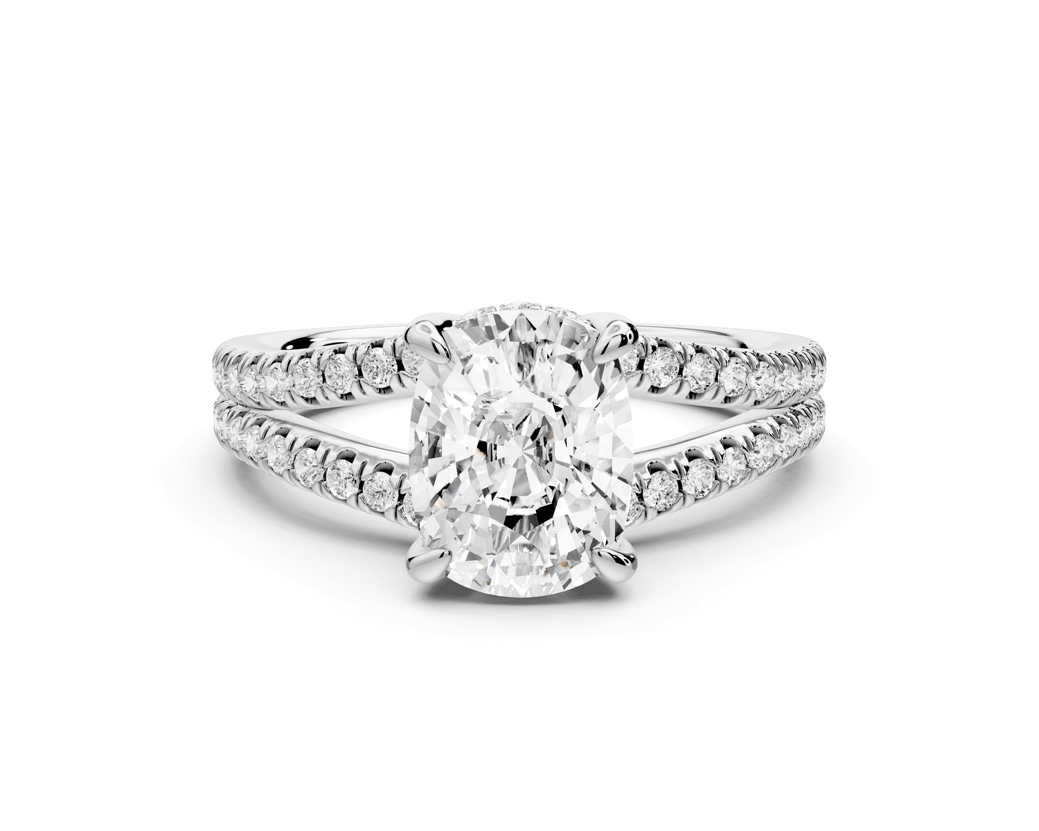Liora - 2ct 18k white gold ecushion Hidden Halo Micro Pavé Split Shank Engagement Ring - Mr. Alex Jewelry