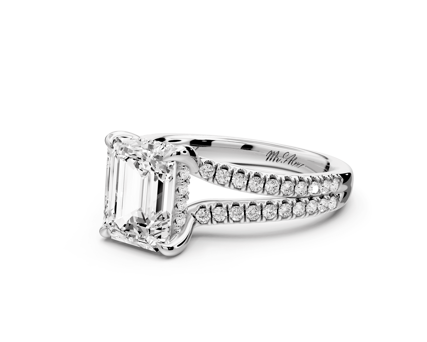 Liora - 2ct 18k white gold emerald Hidden Halo Micro Pavé Split Shank Engagement Ring - Mr. Alex Jewelry
