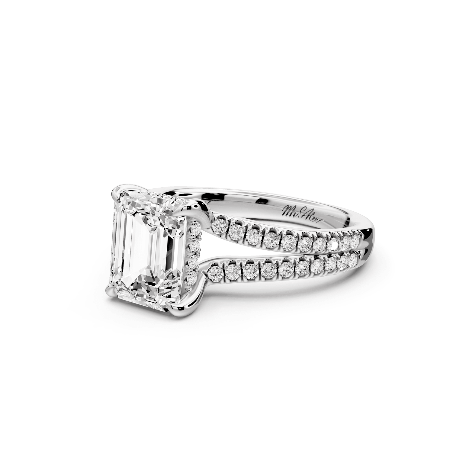 Liora - 2ct 18k white gold emerald Hidden Halo Micro Pavé Split Shank Engagement Ring - Mr. Alex Jewelry