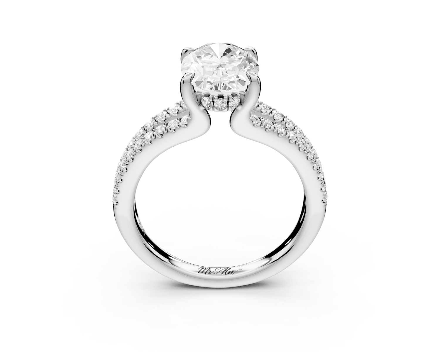 Liora - 2ct 18k white gold oval Hidden Halo Micro Pavé Split Shank Engagement Ring - Mr. Alex Jewelry