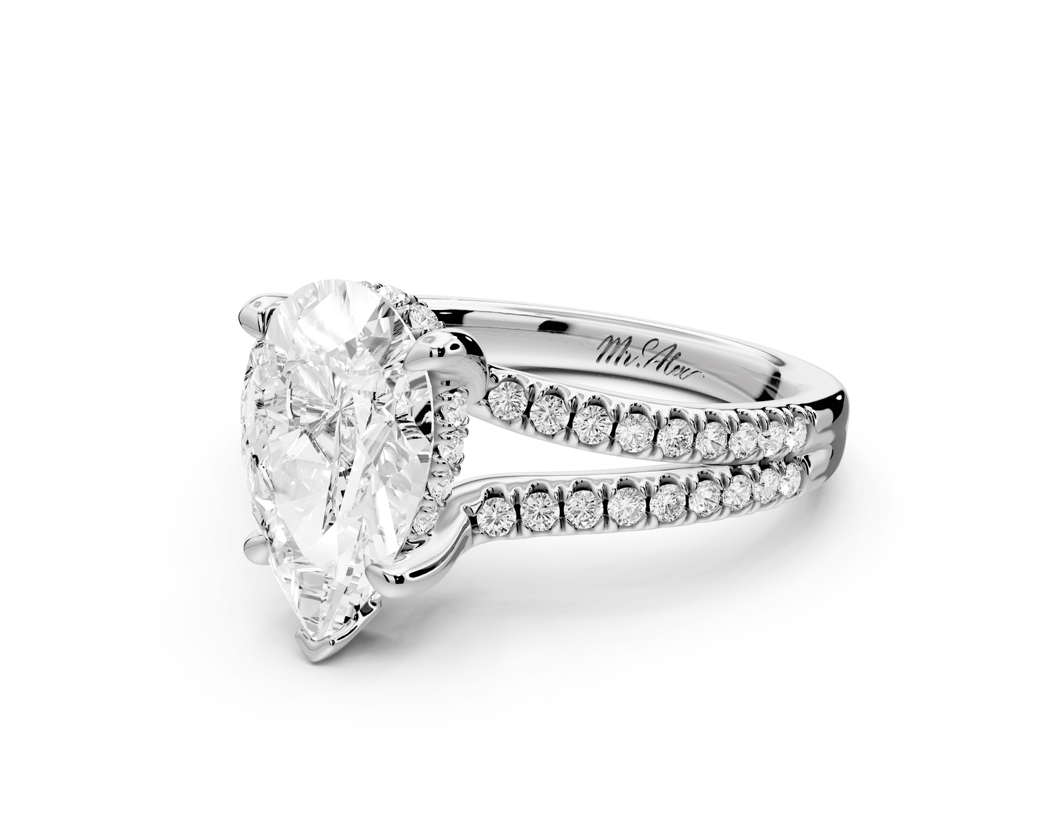 Liora - 2ct 18k white gold pear Hidden Halo Micro Pavé Split Shank Engagement Ring - Mr. Alex Jewelry