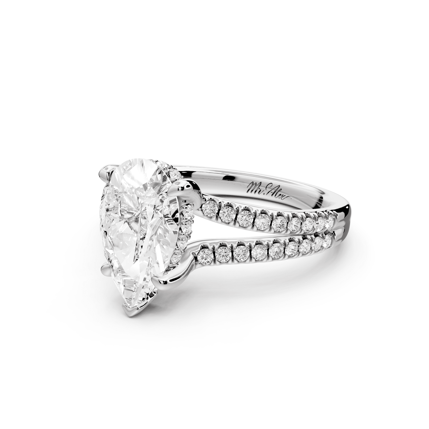 Liora - 2ct 18k white gold pear Hidden Halo Micro Pavé Split Shank Engagement Ring - Mr. Alex Jewelry
