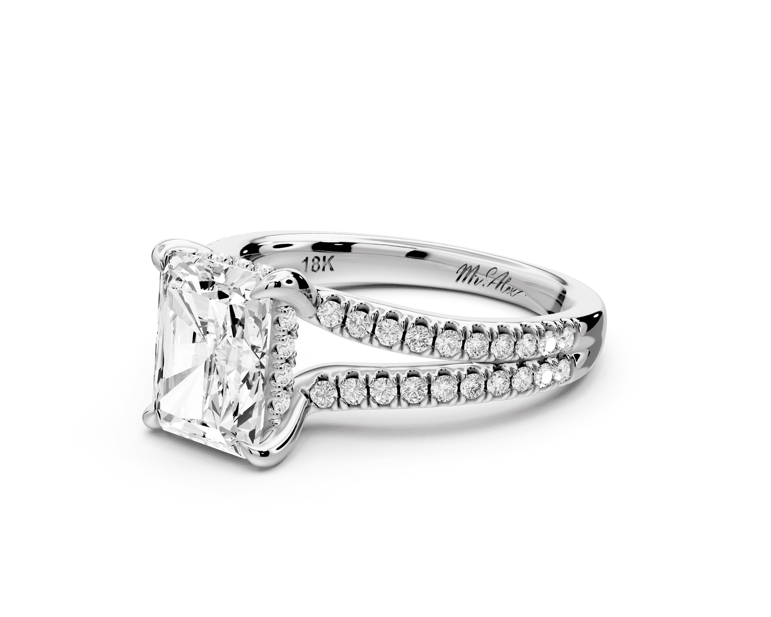 Liora - 2ct 18k white gold radiant Hidden Halo Micro Pavé Split Shank Engagement Ring - Mr. Alex Jewelry