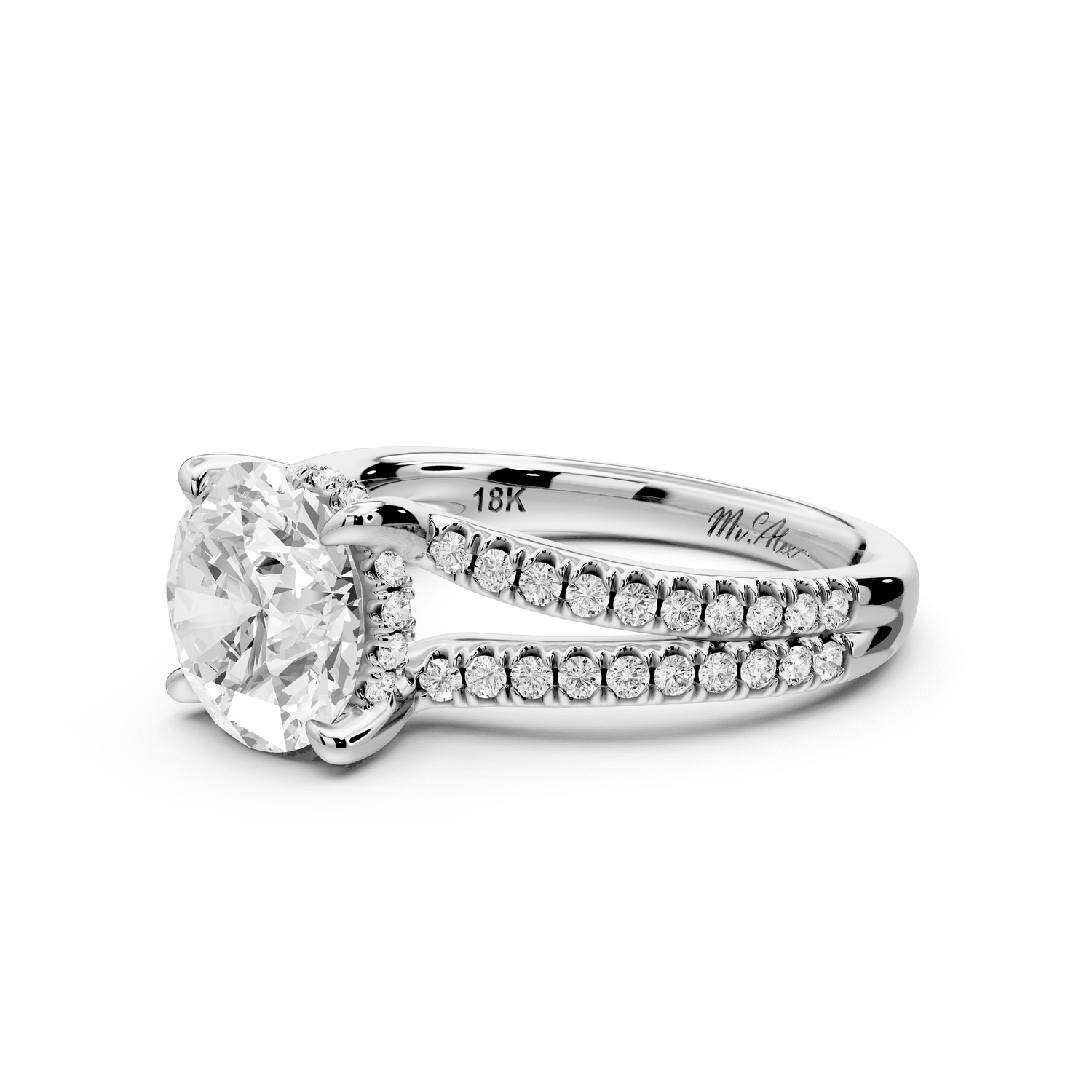 Liora - 2ct 18k white gold round Hidden Halo Micro Pavé Split Shank Engagement Ring - Mr. Alex Jewelry