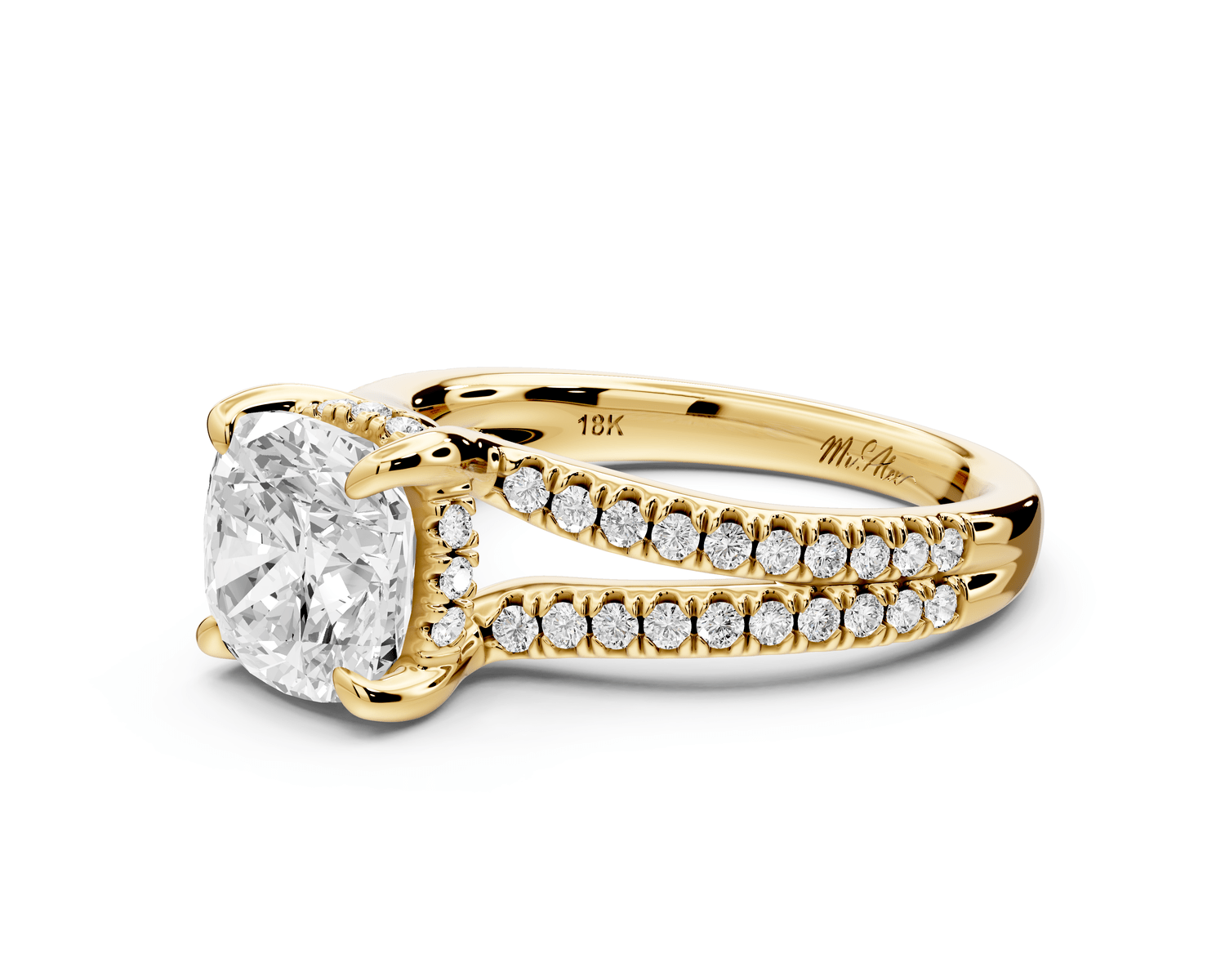 Liora - 2ct 18k yellow gold cushion Hidden Halo Micro Pavé Split Shank Engagement Ring - Mr. Alex Jewelry