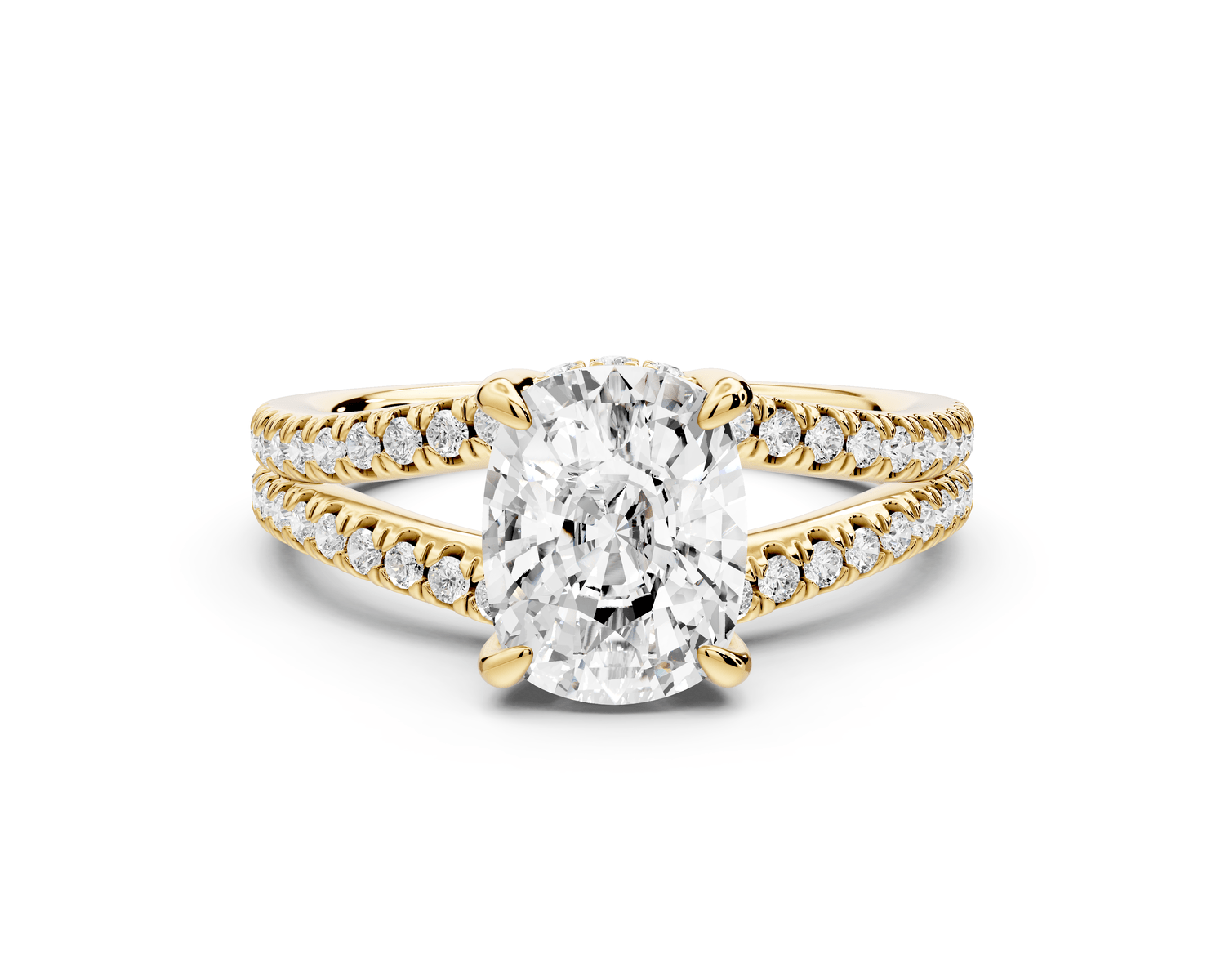 Liora - 2ct 18k yellow gold ecushion Hidden Halo Micro Pavé Split Shank Engagement Ring - Mr. Alex Jewelry