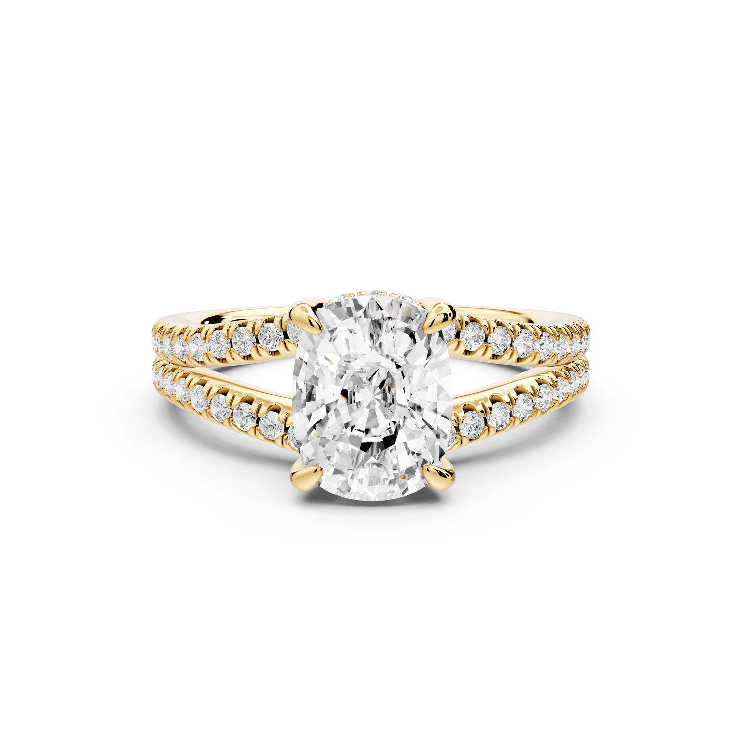Liora - 2ct 18k yellow gold ecushion Hidden Halo Micro Pavé Split Shank Engagement Ring - Mr. Alex Jewelry