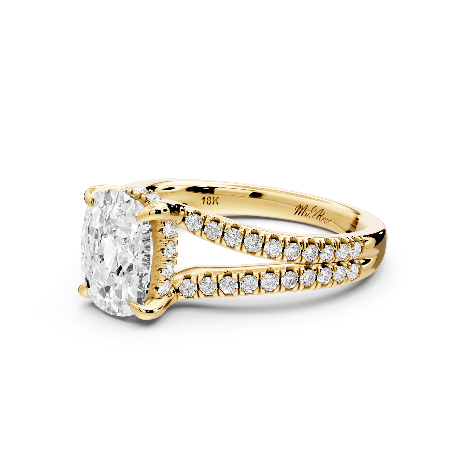Liora - 2ct 18k yellow gold ecushion Hidden Halo Micro Pavé Split Shank Engagement Ring - Mr. Alex Jewelry
