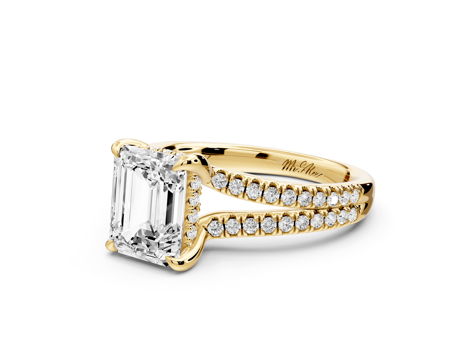 Liora - 2ct 18k yellow gold emerald Hidden Halo Micro Pavé Split Shank Engagement Ring - Mr. Alex Jewelry