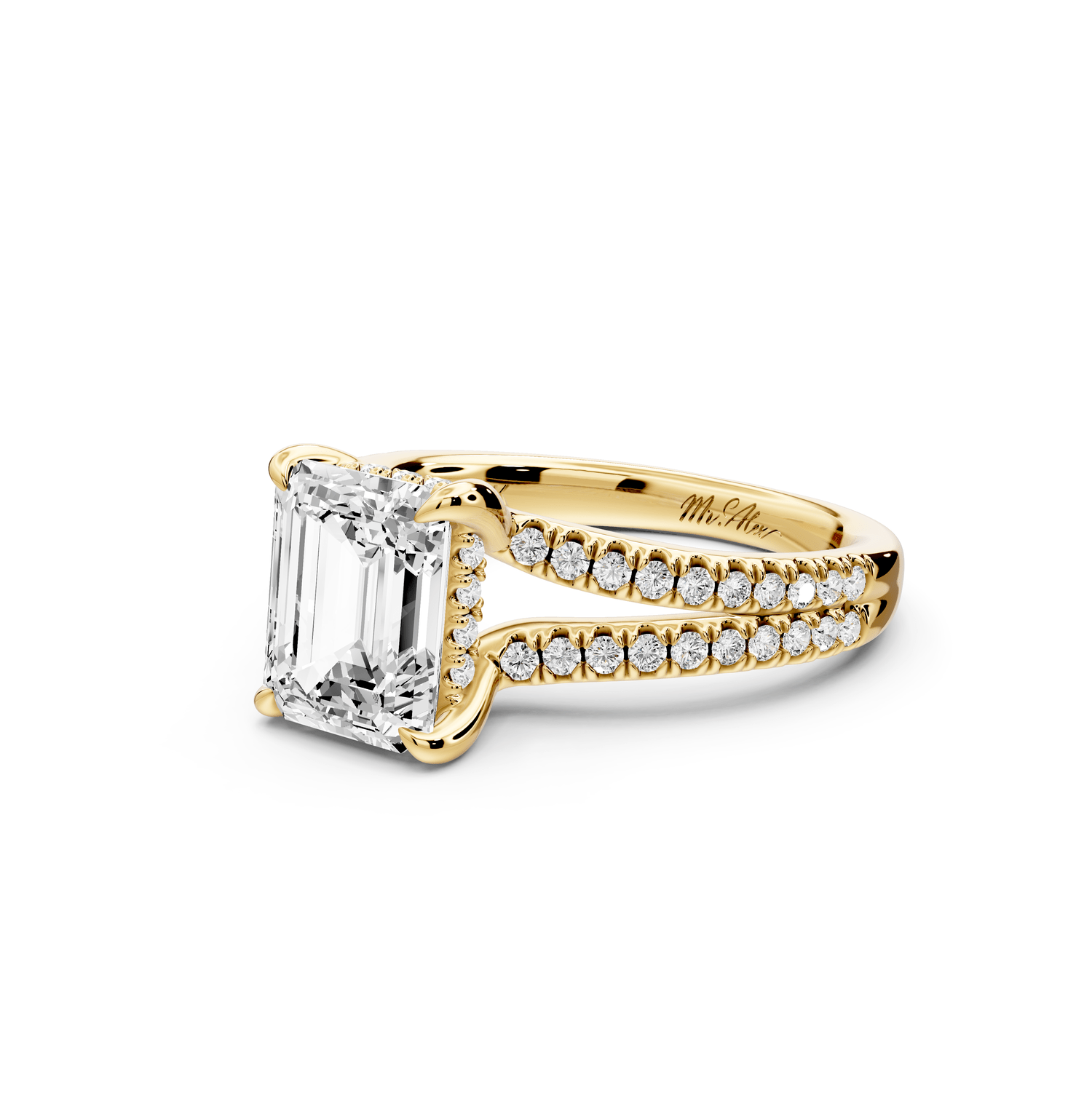Liora - 2ct 18k yellow gold emerald Hidden Halo Micro Pavé Split Shank Engagement Ring - Mr. Alex Jewelry