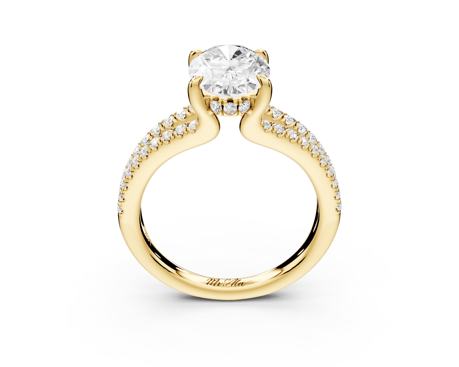 Liora - 2ct 18k yellow gold oval Hidden Halo Micro Pavé Split Shank Engagement Ring - Mr. Alex Jewelry