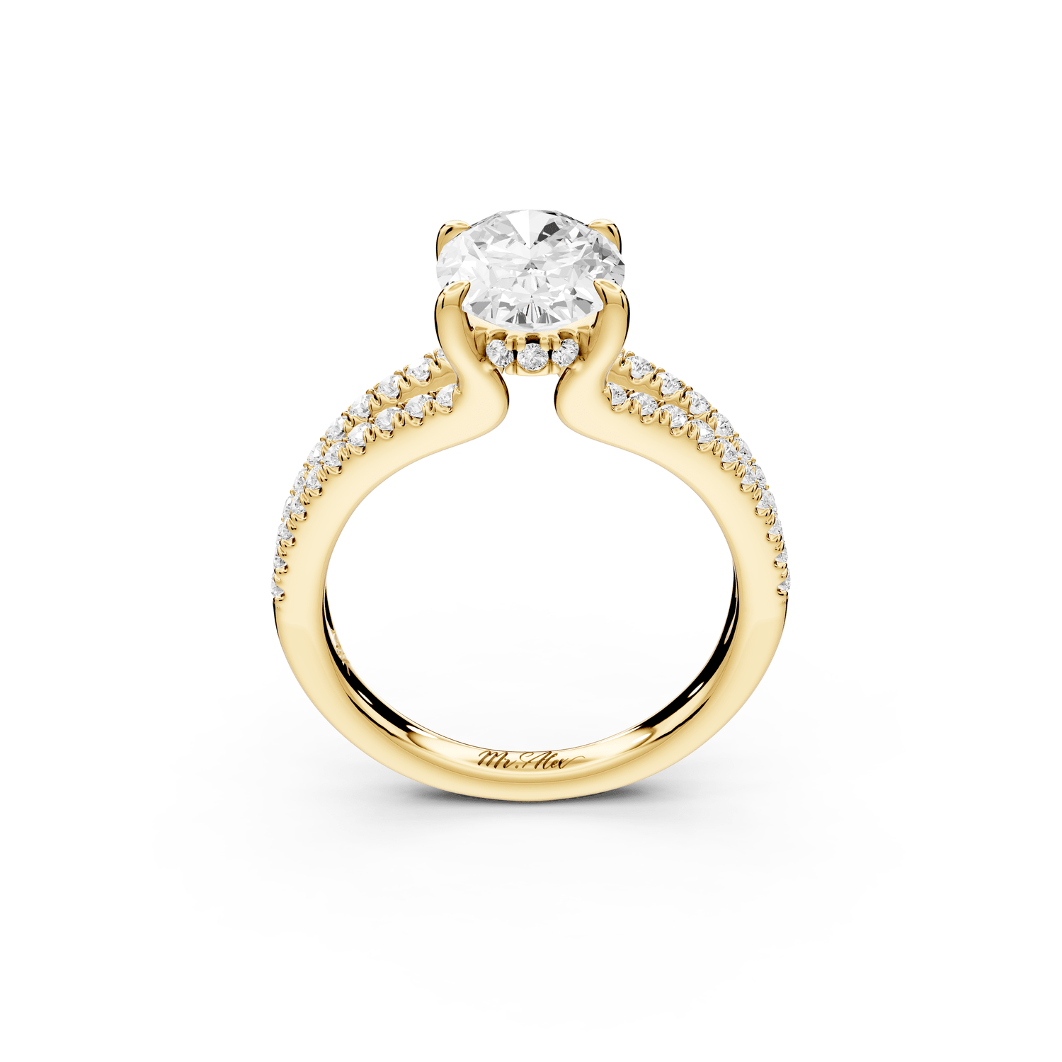 Liora - 2ct 18k yellow gold oval Hidden Halo Micro Pavé Split Shank Engagement Ring - Mr. Alex Jewelry