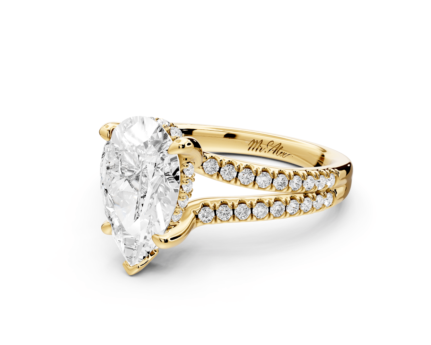Liora - 2ct 18k yellow gold pear Hidden Halo Micro Pavé Split Shank Engagement Ring - Mr. Alex Jewelry