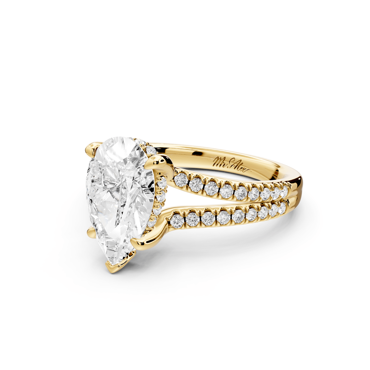 Liora - 2ct 18k yellow gold pear Hidden Halo Micro Pavé Split Shank Engagement Ring - Mr. Alex Jewelry