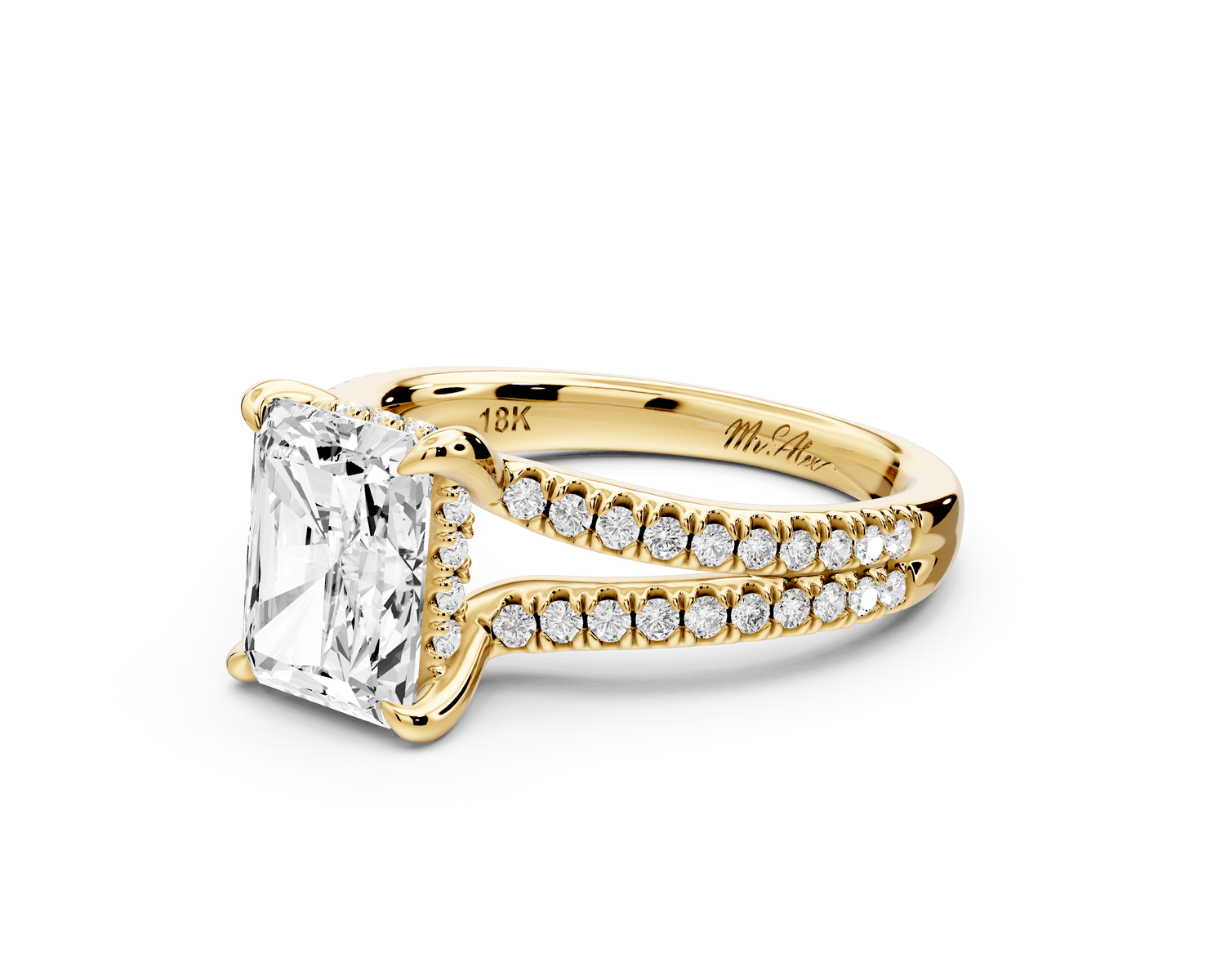 Liora - 2ct 18k yellow gold radiant Hidden Halo Micro Pavé Split Shank Engagement Ring - Mr. Alex Jewelry