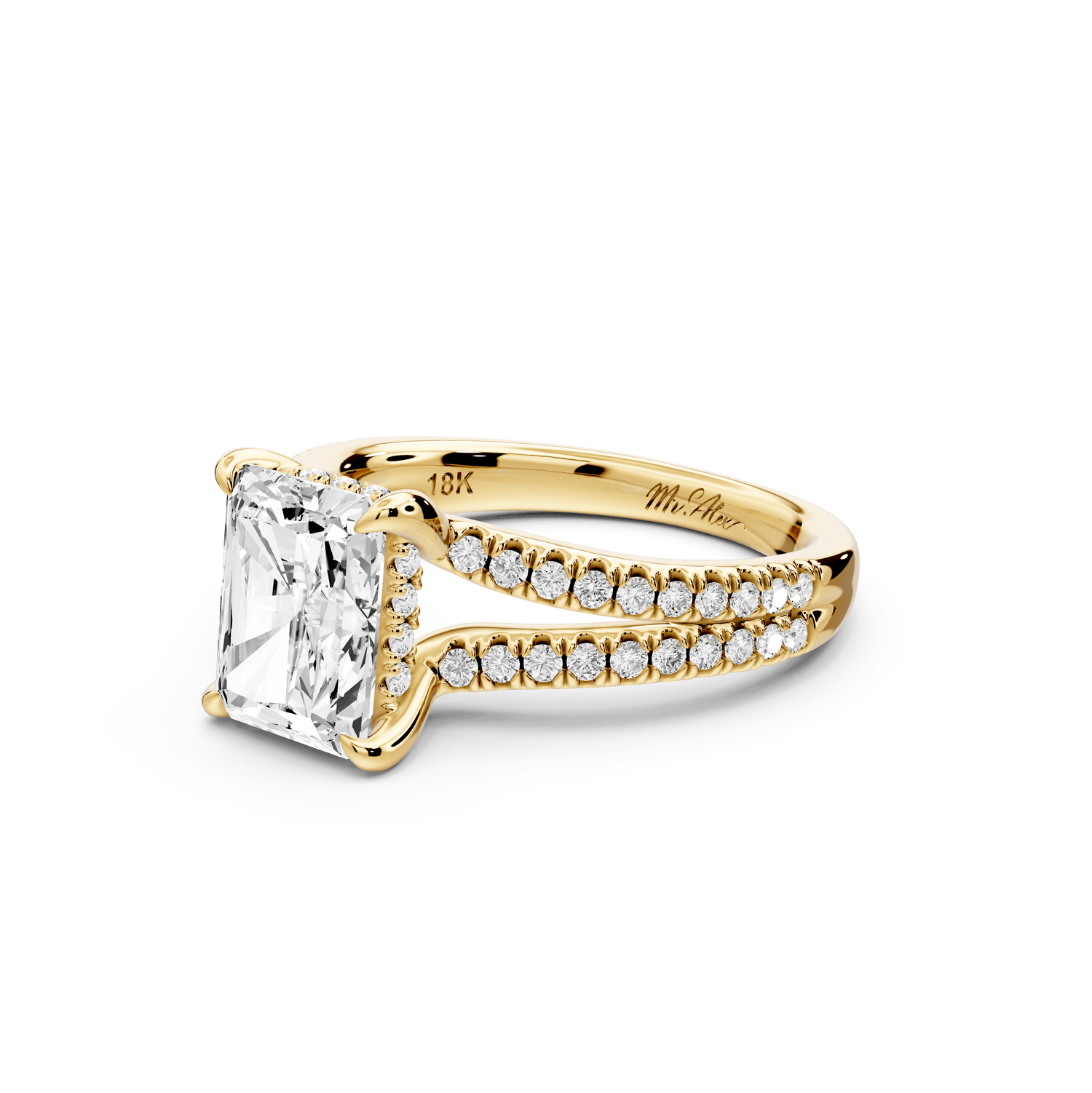 Liora - 2ct 18k yellow gold radiant Hidden Halo Micro Pavé Split Shank Engagement Ring - Mr. Alex Jewelry
