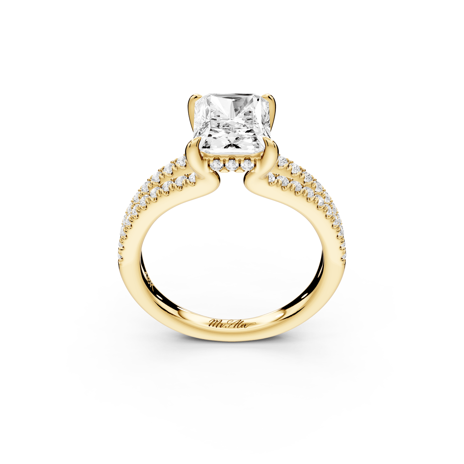Liora - 2ct 18k yellow gold radiant Hidden Halo Micro Pavé Split Shank Engagement Ring - Mr. Alex Jewelry