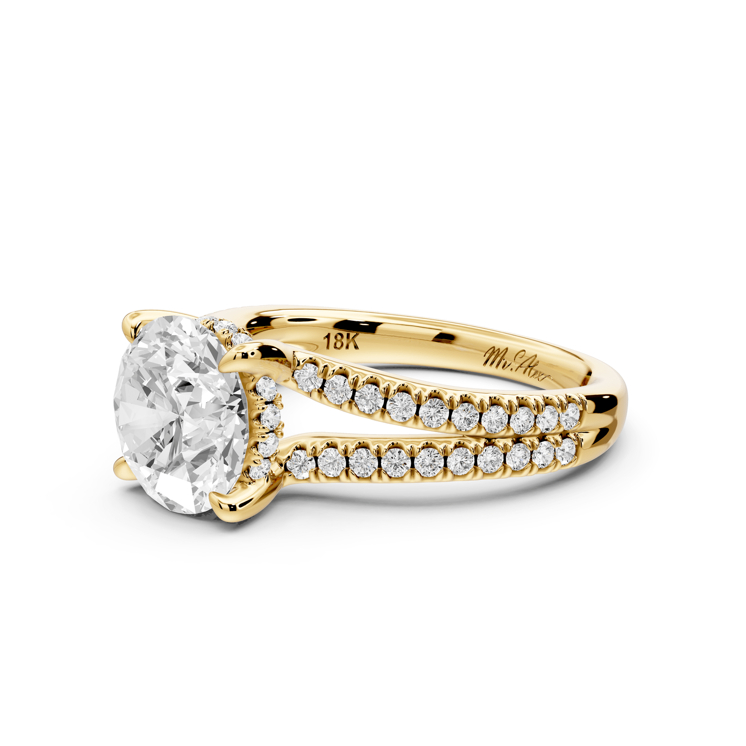 Liora - 2ct 18k yellow gold round Hidden Halo Micro Pavé Split Shank Engagement Ring - Mr. Alex Jewelry