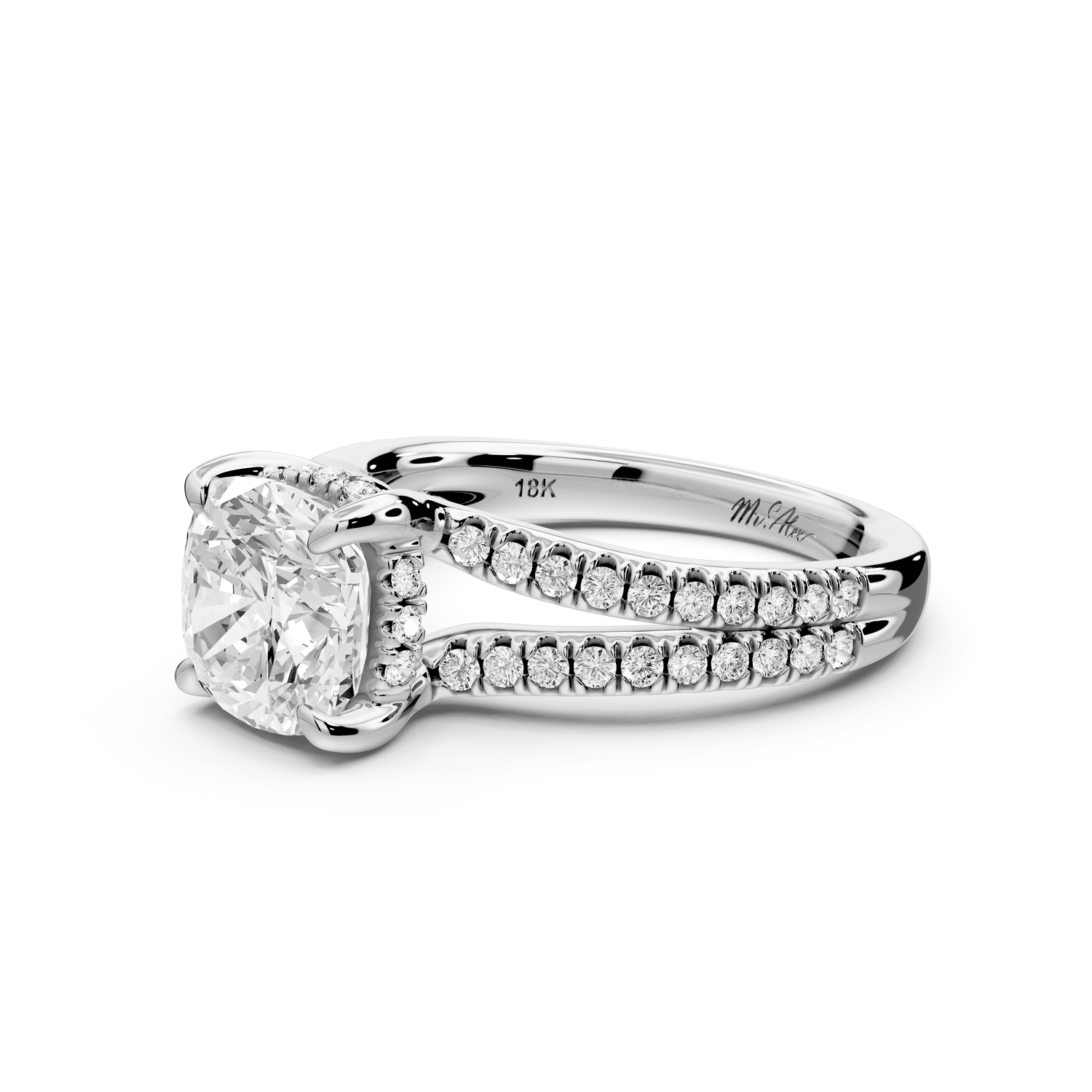 Liora - 2ct platinum cushion Hidden Halo Micro Pavé Split Shank Engagement Ring - Mr. Alex Jewelry