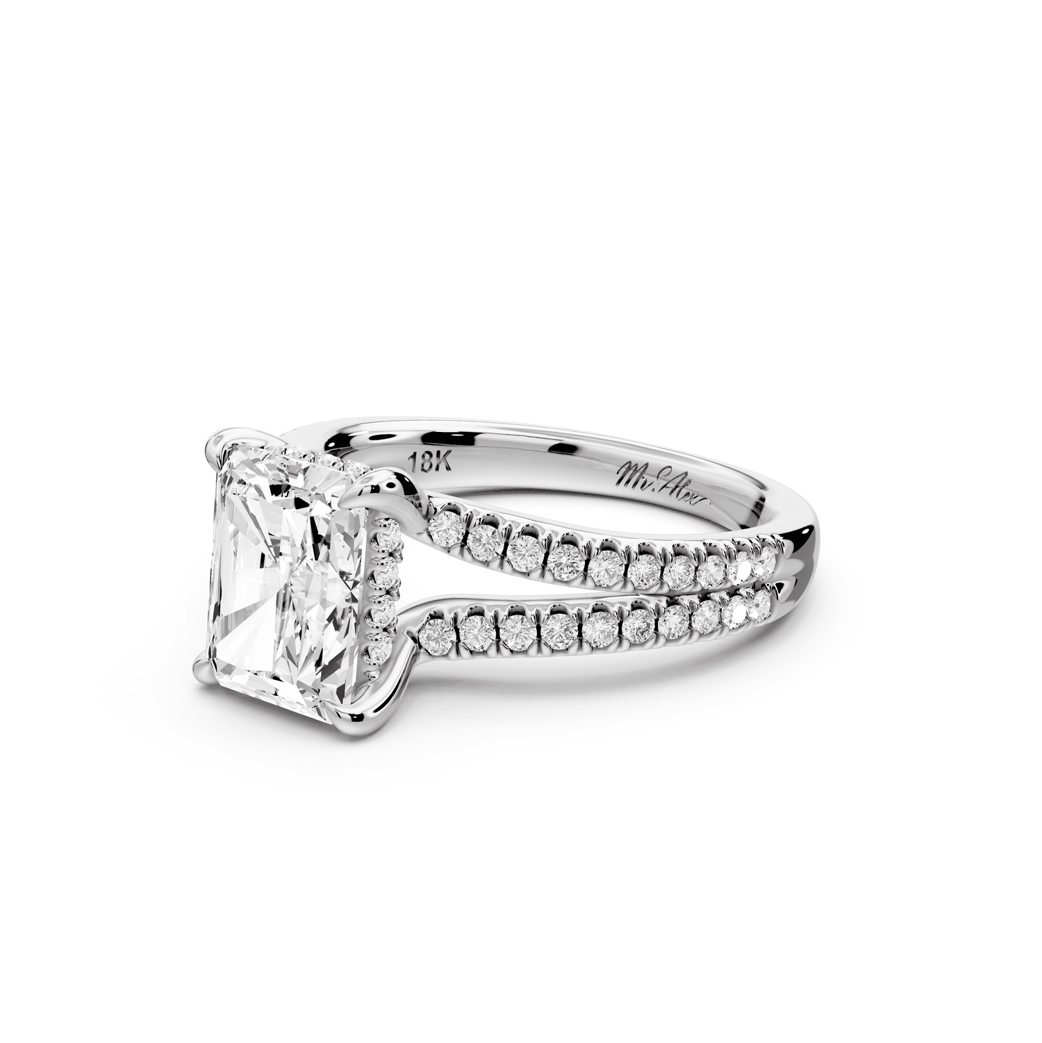 Liora - 2ct platinum radiant Hidden Halo Micro Pavé Split Shank Engagement Ring - Mr. Alex Jewelry