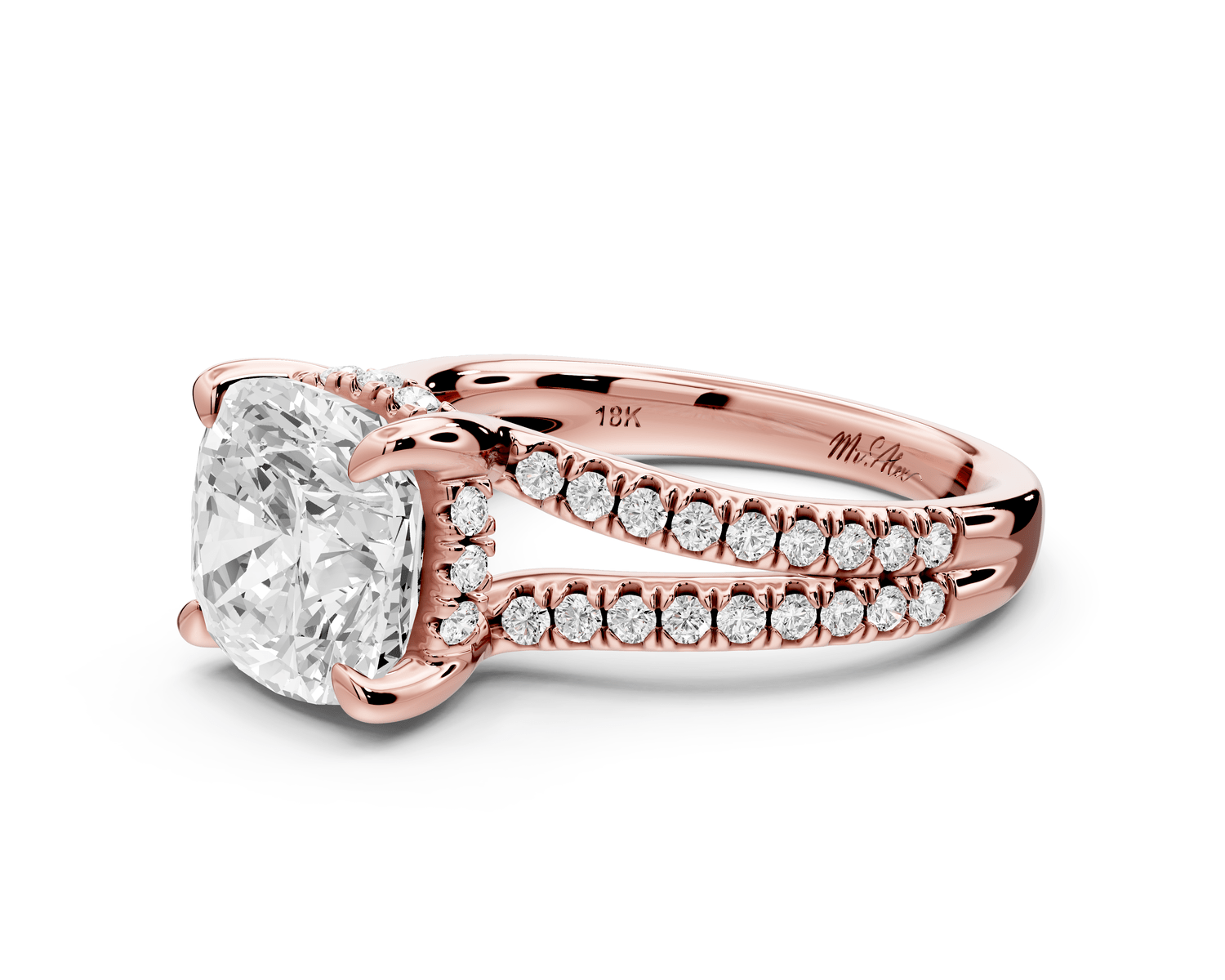 Liora - 3ct 14k rose gold cushion Hidden Halo Micro Pavé Split Shank Engagement Ring - Mr. Alex Jewelry