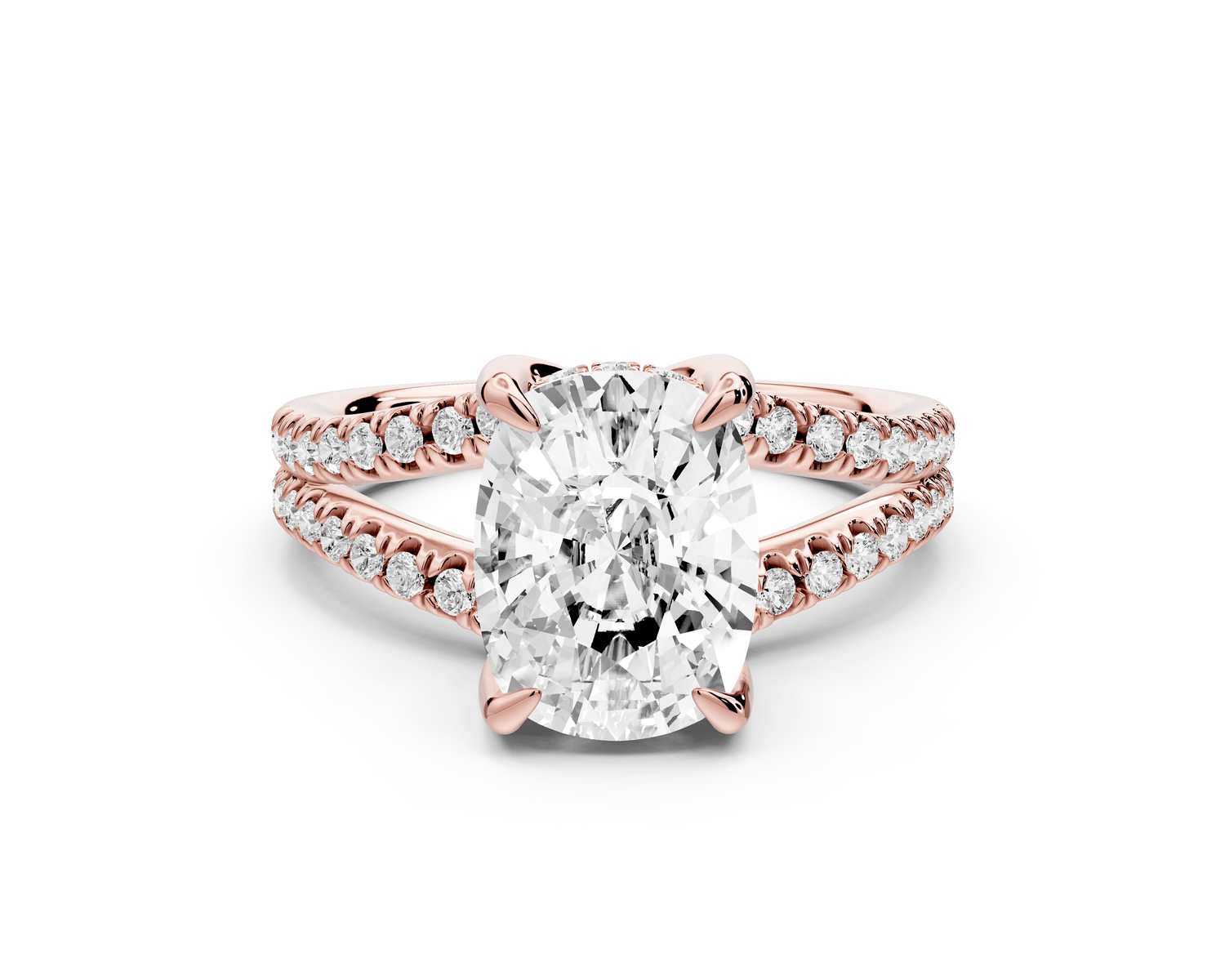 Liora - 3ct 14k rose gold ecushion Hidden Halo Micro Pavé Split Shank Engagement Ring - Mr. Alex Jewelry