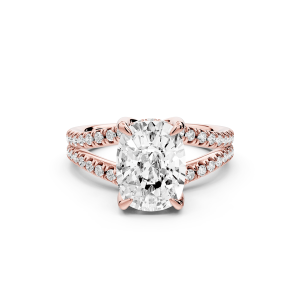 Liora - 3ct 14k rose gold ecushion Hidden Halo Micro Pavé Split Shank Engagement Ring - Mr. Alex Jewelry