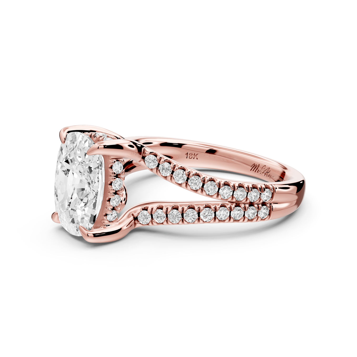 Liora - 3ct 14k rose gold ecushion Hidden Halo Micro Pavé Split Shank Engagement Ring - Mr. Alex Jewelry