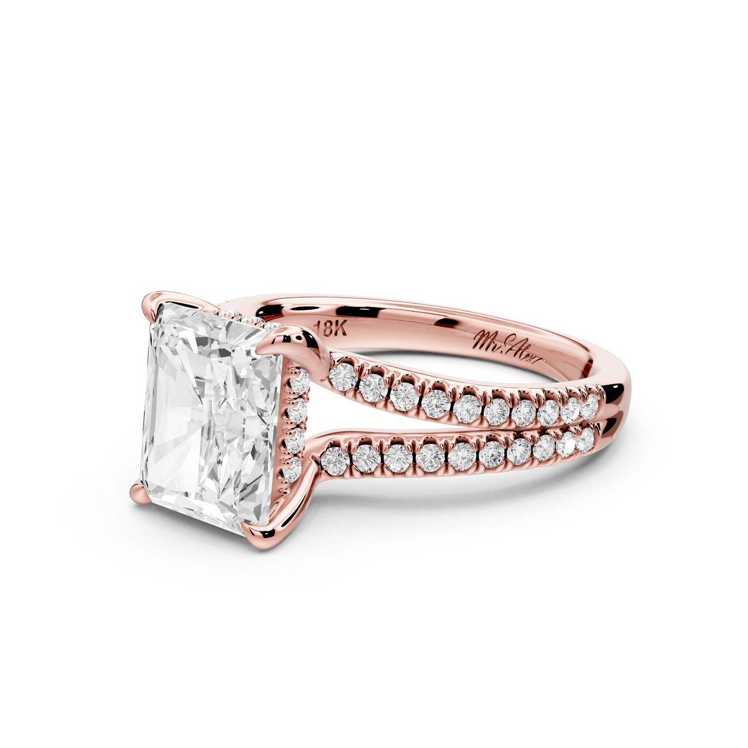 Liora - 3ct 14k rose gold radiant Hidden Halo Micro Pavé Split Shank Engagement Ring - Mr. Alex Jewelry