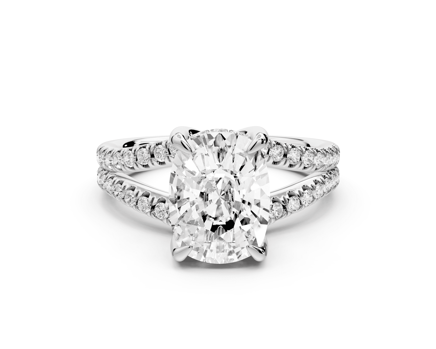 Liora - 3ct 14k white gold ecushion Hidden Halo Micro Pavé Split Shank Engagement Ring - Mr. Alex Jewelry