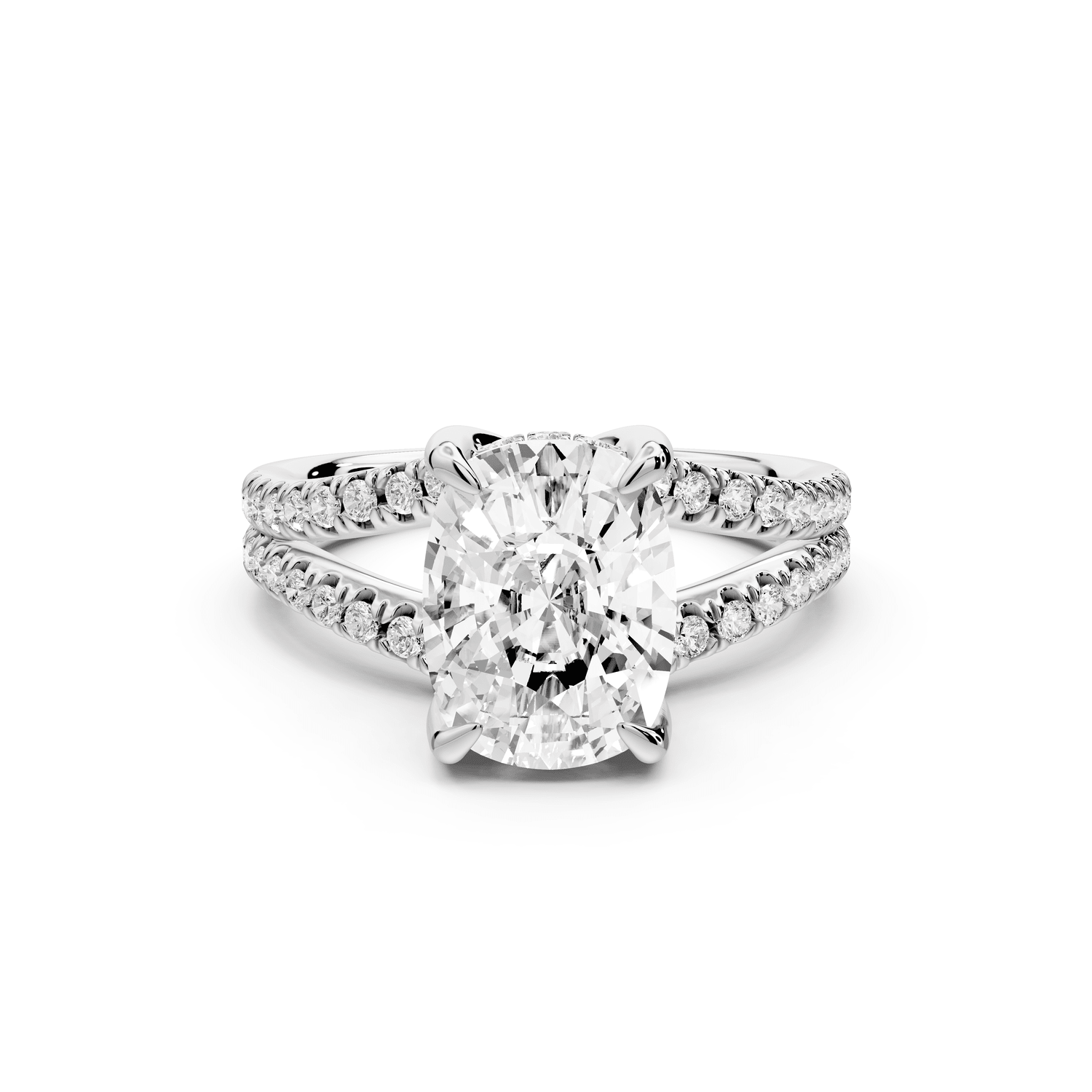 Liora - 3ct 14k white gold ecushion Hidden Halo Micro Pavé Split Shank Engagement Ring - Mr. Alex Jewelry