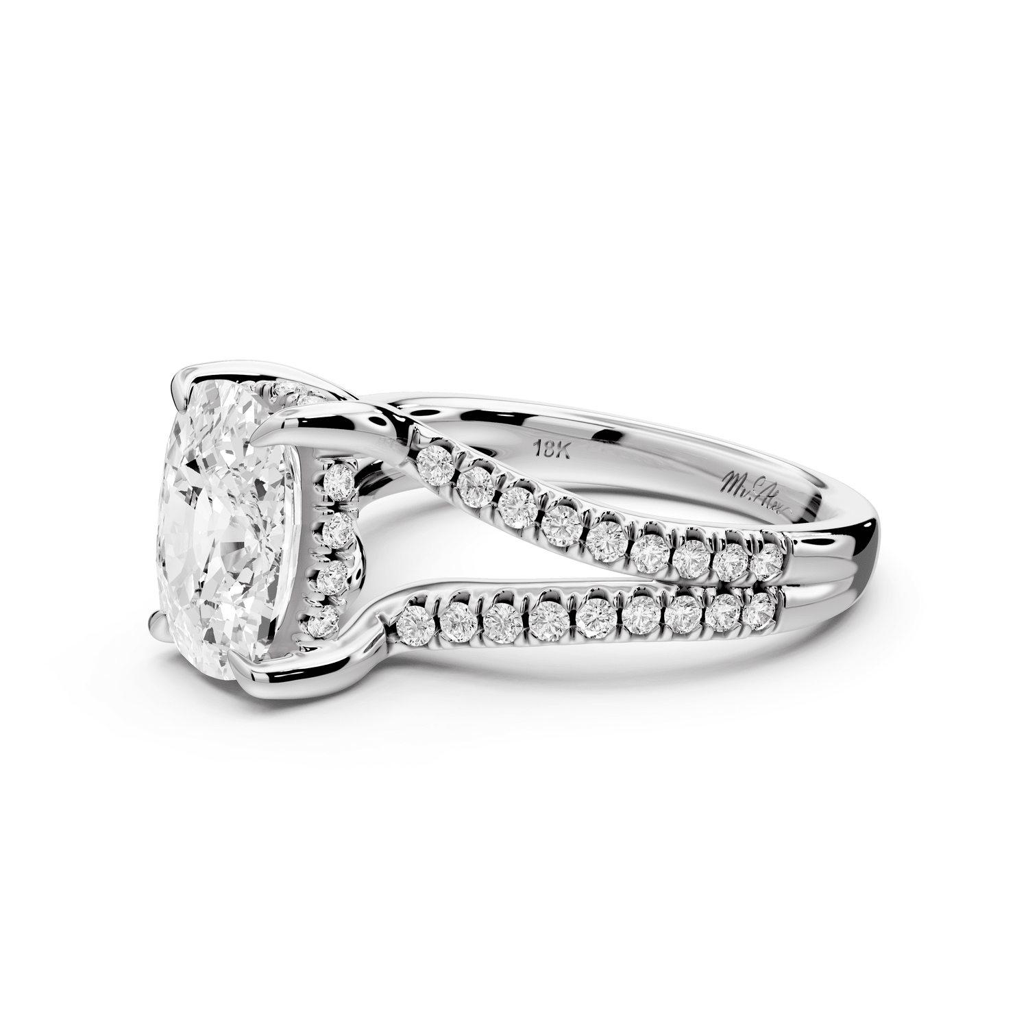 Liora - 3ct 14k white gold ecushion Hidden Halo Micro Pavé Split Shank Engagement Ring - Mr. Alex Jewelry