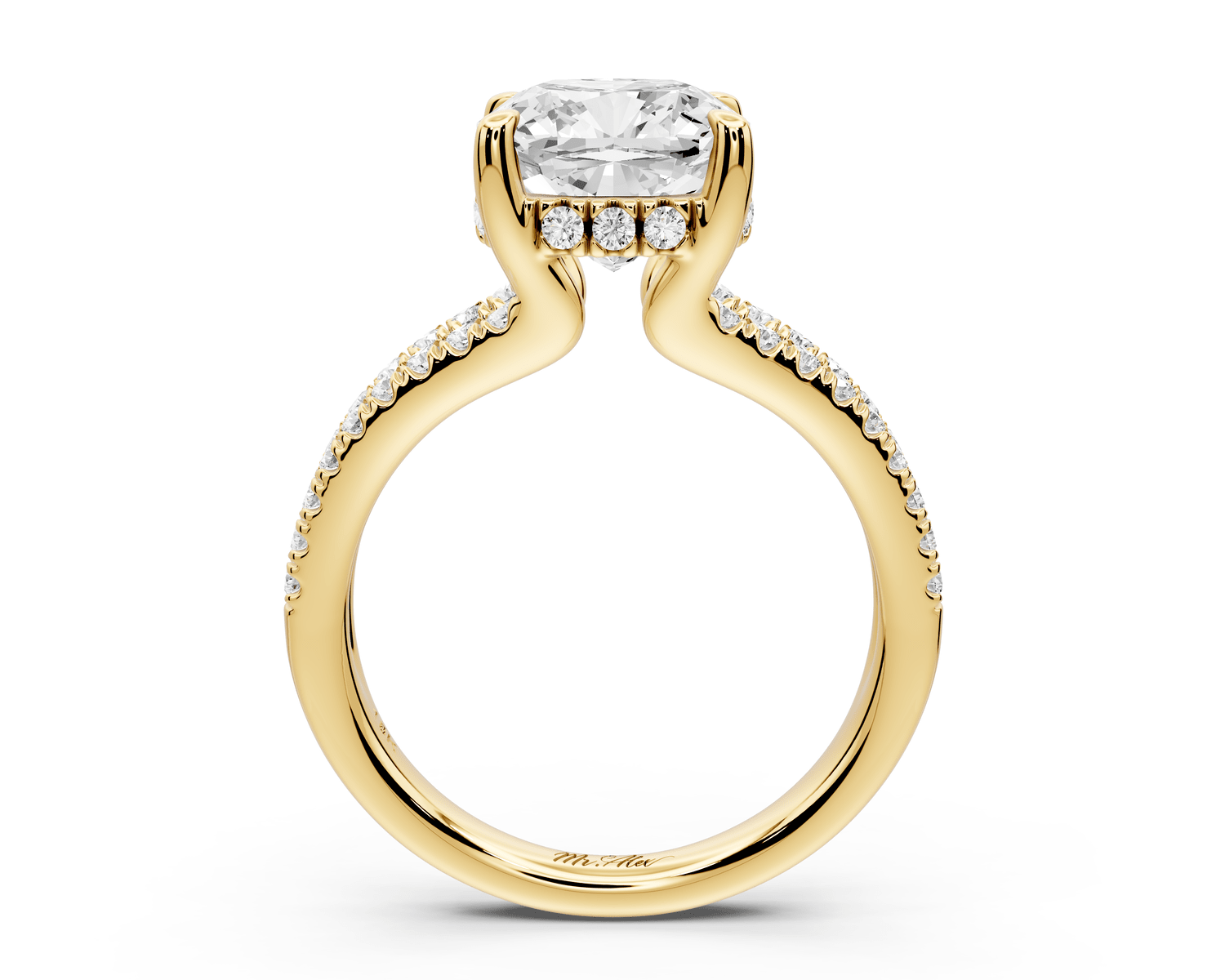 Liora - 3ct 14k yellow gold cushion Hidden Halo Micro Pavé Split Shank Engagement Ring - Mr. Alex Jewelry