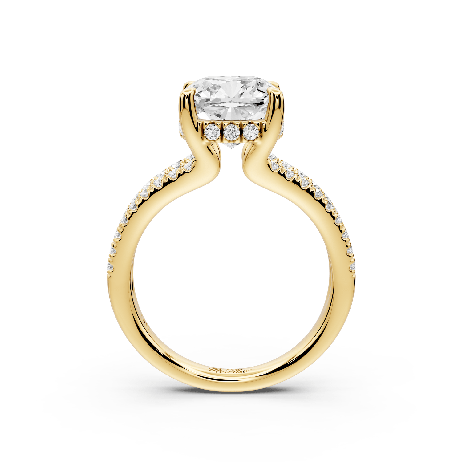 Liora - 3ct 14k yellow gold cushion Hidden Halo Micro Pavé Split Shank Engagement Ring - Mr. Alex Jewelry